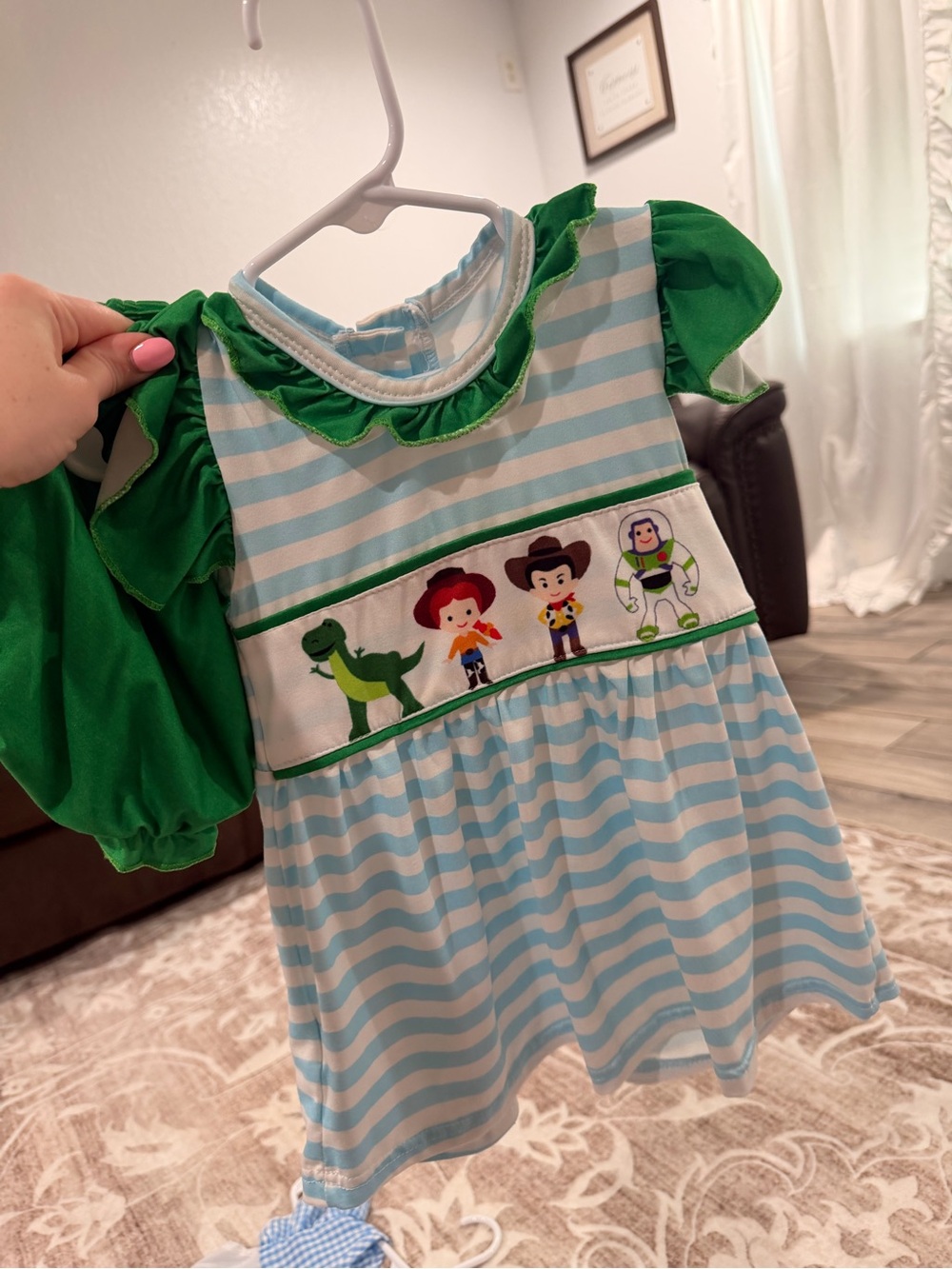 Kids Matching Set - Light Blue & Green Stripe Dress with Toy Character Appliqué
